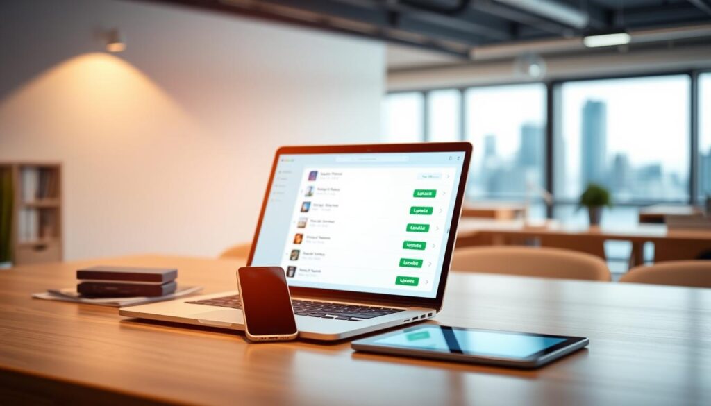 A clean, modern office setting with a laptop, smartphone, and tablet arranged on a wooden desk. The laptop screen displays a IPTV playlist interface, with app icons and update buttons. Soft, directional lighting illuminates the scene, creating a warm, focused atmosphere. The background features a blurred cityscape, suggesting a professional, connected environment. The overall composition emphasizes the importance of regularly updating IPTV playlists across multiple devices, conveying a sense of productivity and technological progress. A clean, modern office setting with a laptop, smartphone, and tablet arranged on a wooden desk. The laptop screen displays a IPTV playlist interface, with app icons and update buttons. Soft, directional lighting illuminates the scene, creating a warm, focused atmosphere. The background features a blurred cityscape, suggesting a professional, connected environment. The overall composition emphasizes the importance of regularly updating IPTV playlists across multiple devices, conveying a sense of productivity and technological progress.