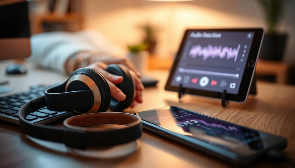A close-up view of a pair of hands on a keyboard, fingers pressing the keys, with a pair of high-contrast headphones resting on the desk in the foreground. In the middle ground, a tablet or smartphone displays an audio player interface with a waveform visualization, conveying the idea of audio description. The background is blurred, but suggests a home or office setting, with subtle ambient lighting creating a warm, focused atmosphere.