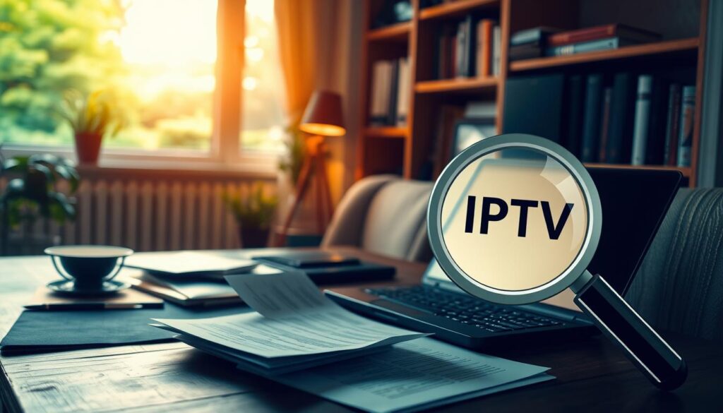 A cozy home office with a laptop, papers, and a stylized magnifying glass icon, symbolizing the search for IPTV log files. Warm, indirect lighting casts a soft glow, creating an atmosphere of focused investigation. In the background, shelves with technical books and a window overlooking a lush, verdant landscape, hinting at the broader context of the IPTV troubleshooting process. The composition emphasizes the importance of finding the right information to solve technical problems, with a sense of exploration and discovery.