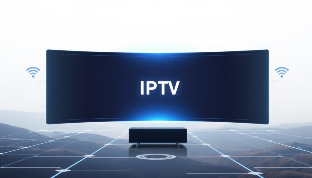 A futuristic, minimalist digital display showcasing IPTV channels delivered over the internet. In the foreground, a sleek, holographic user interface hovers, featuring crisp, high-definition live TV channels. The middle ground depicts stylized network cables and Wi-Fi symbols, conveying the technological infrastructure powering the IPTV experience. The background is a serene, gradient-based landscape, hinting at the global reach and accessibility of internet-based television. Lighting is soft and diffused, creating a warm, inviting atmosphere. The overall aesthetic is clean, modern, and evocative of the effortless, "easy mode" IPTV experience of the future.