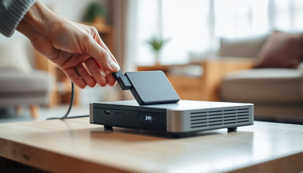 A high-definition close-up view of a person's hands connecting an external hard drive to the back of a modern IPTV set-top box. The hands are carefully and confidently inserting the USB cable, with the hard drive's sleek black casing in the foreground. The box's smooth, minimalist design fills the middle ground, while a blurred, out-of-focus living room environment provides a warm, domestic backdrop. Soft, diffused lighting creates a sense of focus and clarity, drawing the viewer's attention to the precise moment of connection. The overall scene conveys a sense of simplicity, functionality, and the ease of setting up IPTV with an external hard drive for recording.