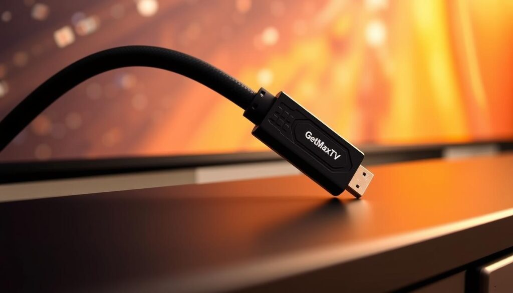 A high-quality HDMI cable resting on a sleek black TV set, showcasing the GetMaxTV logo prominently displayed on the cable's connector. The cable is positioned at a dynamic angle, creating a sense of energy and movement. The TV screen displays a vibrant, crisp image, highlighting the cable's ability to deliver exceptional 4K visual fidelity. The scene is bathed in a warm, inviting light, conveying a sense of effortless setup and immediate, unbeatable value. The overall composition emphasizes the simplicity and power of the GetMaxTV HDMI solution, perfectly complementing the article's section title.