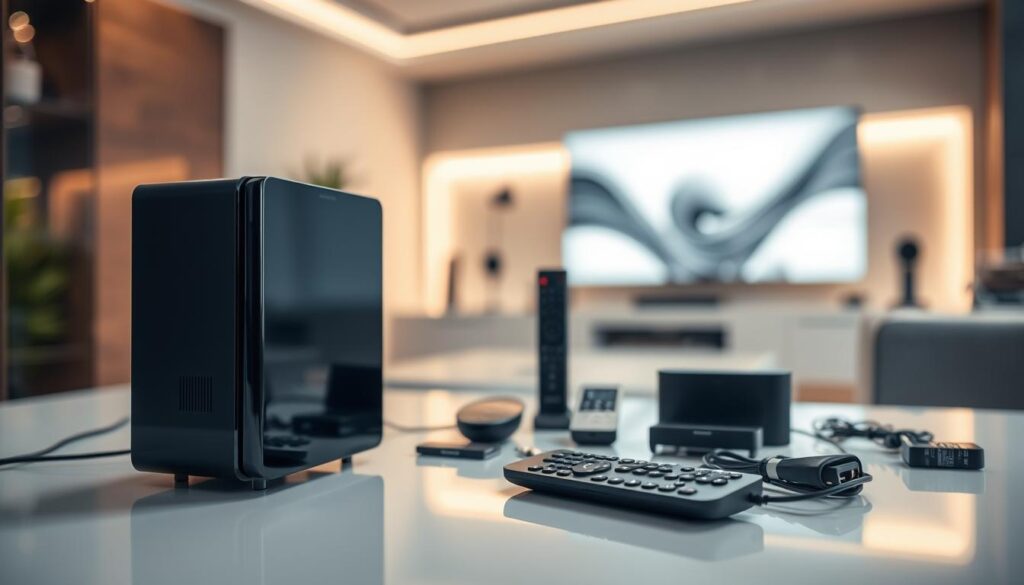 A high-resolution image of a modern, sleek IPTV device placed prominently in the foreground. The device has a minimalist, minimalist design with clean lines and a glossy black finish. The device is surrounded by a soft, diffused light that creates a sense of depth and atmosphere. In the middle ground, there are various remote controls, cables, and other accessories neatly arranged, suggesting the interconnected nature of the IPTV system. The background is blurred, but hints at a modern, high-tech environment, such as a living room or home entertainment center. The overall mood is one of sophistication, technology, and seamless integration.