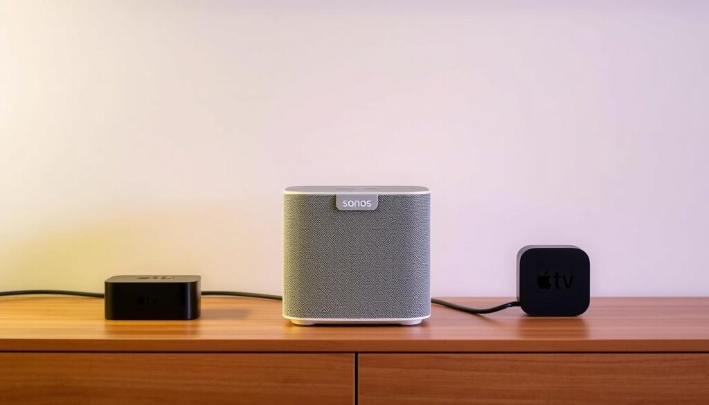 A modern home entertainment setup with a Sonos Era 100 speaker as the centerpiece. The speaker is placed on a sleek, minimalist wooden TV stand, alongside a Fire TV Cube and an Apple TV 4K. Soft, even lighting illuminates the scene, creating a warm and inviting atmosphere. The HDMI cables seamlessly connect the devices, enabling HDMI ARC/eARC audio integration for a cohesive and immersive viewing experience. The overall composition emphasizes the clean, contemporary design of the Sonos Era 100 and the harmonious integration of the various streaming devices.