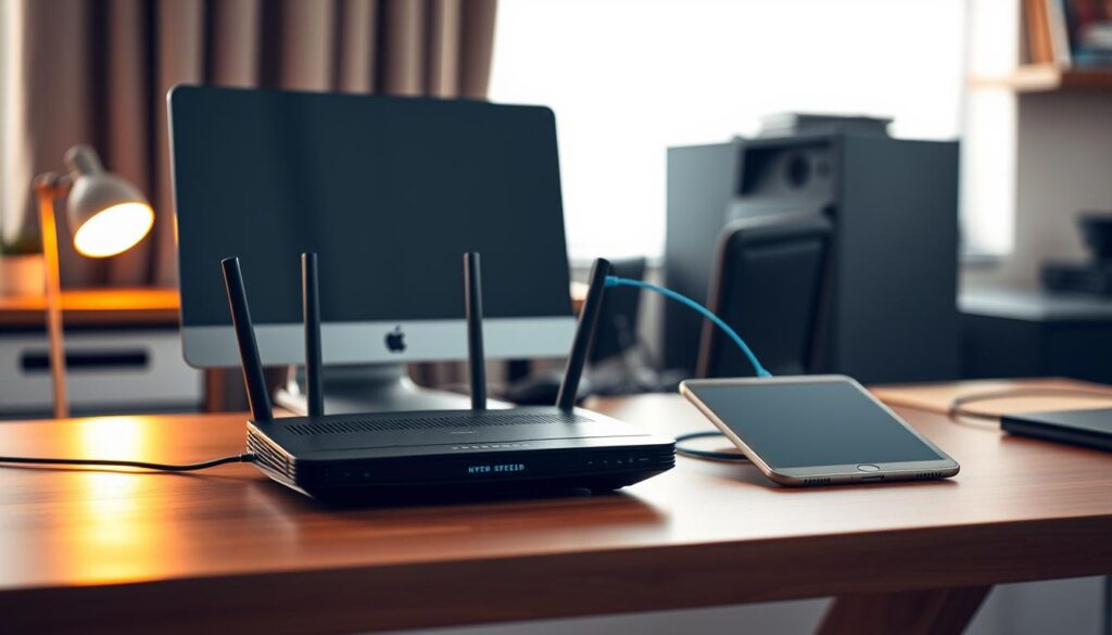 A modern home office setup, showcasing the essential components for network readiness. In the foreground, a sleek desktop computer and high-speed router sit atop a minimalist wooden desk, bathed in warm, ambient lighting. In the middle ground, a smartphone and tablet are connected via a wireless network, demonstrating seamless integration. The background reveals a clean, organized cable management system, ensuring a clutter-free and efficient workspace. The overall scene conveys a sense of technological readiness, with a focus on reliable connectivity, device compatibility, and a streamlined, professional aesthetic.