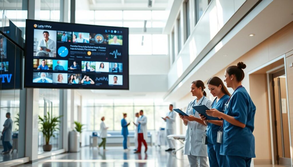 A modern hospital lobby with an IPTV system prominently displayed on a large screen in the foreground. The screen shows a variety of healthcare-related content, from patient education videos to real-time data feeds. The middle ground features nurses and staff interacting with patients, utilizing tablets and mobile devices to access the IPTV system. The background showcases the hospital's clean, well-lit interior design, with natural light streaming in through large windows. The overall atmosphere conveys a sense of efficiency, connectivity, and patient-centric care, highlighting the benefits of an IPTV system in a healthcare setting.