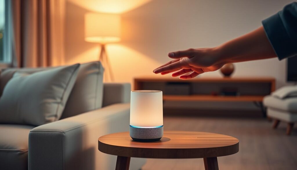 A modern living room setting with a smart speaker on a side table, its LED display glowing softly. The speaker is the focal point, surrounded by clean, minimalist furniture and warm, diffused lighting. A hand is reaching out to the speaker, conveying the intuitive, voice-controlled interaction. The room's atmosphere is serene, highlighting the effortless and natural integration of voice-enabled technology into the home environment.