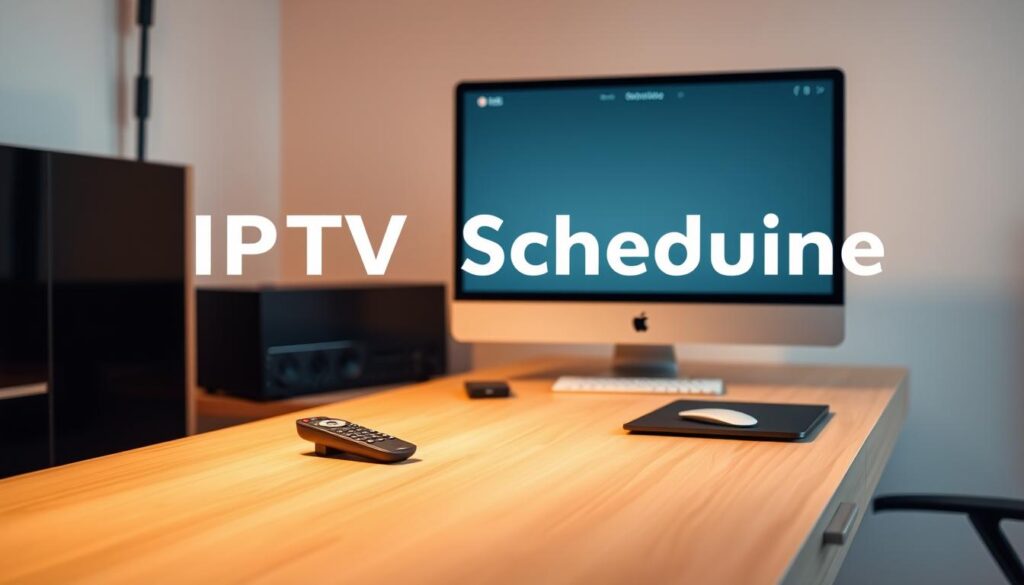 A modern, minimalist home office setup with a desk, computer monitor, and IPTV remote control. The desk is made of light-colored wood, and the monitor has a sleek, high-resolution display. The IPTV remote control is placed prominently on the desk, highlighting its importance in the scene. The room is bathed in warm, soft lighting, creating a cozy and productive atmosphere. The overall composition emphasizes the simplicity and functionality of the workspace, conveying the concept of IPTV scheduling and automation.
