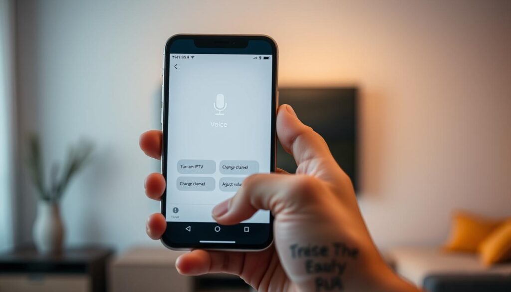 A modern, minimalist voice control app displayed on a sleek, high-resolution smartphone screen. The app features a clean, intuitive interface with a prominent microphone icon, voice waveform visualization, and simple commands like "turn on IPTV", "change channel", "adjust volume". The screen is bathed in a warm, soft lighting that creates a cozy, inviting atmosphere. The smartphone is held in an elegant, angular hand gesture, suggesting effortless control and natural voice interaction. The background is a blurred, modern interior, hinting at the app's integration with a smart home setup.