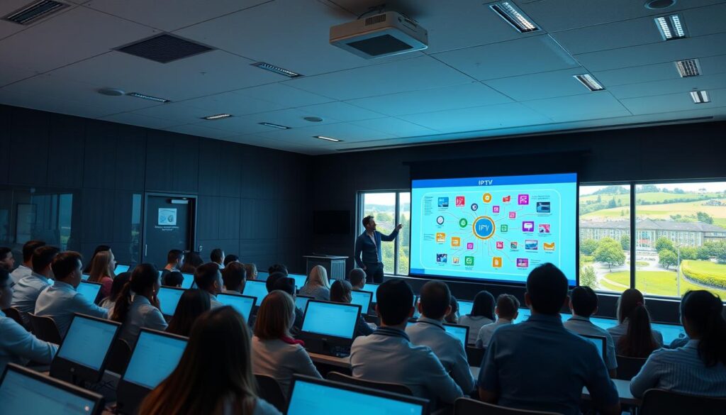 A modern, well-lit classroom filled with rows of attentive students, their faces illuminated by the glow of interactive digital displays. The teacher stands at the front, gesturing towards a large projection screen showcasing a detailed diagram of IPTV infrastructure - colorful icons representing servers, set-top boxes, and network connections. In the background, a panoramic view of the school's campus, with verdant landscaping and contemporary architecture. The scene conveys a sense of cutting-edge education, where technology seamlessly enhances the learning experience.
