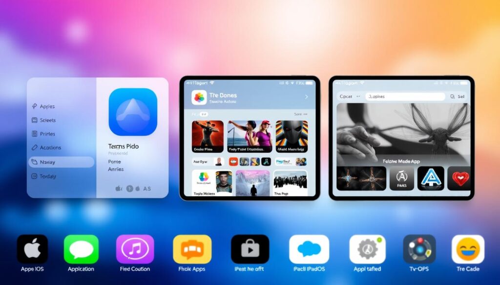 A modern, well-organized app store interface showcasing a diverse range of apps optimized for Apple devices. The foreground displays a clean, intuitive layout with crisp app icons, sleek category tabs, and a search bar. The middle ground features informative app detail pages with high-quality screenshots, descriptions, and user ratings. In the background, a blurred backdrop suggests a vibrant, technology-driven atmosphere with subtle gradients and a soft, warm lighting scheme. The overall aesthetic conveys a sense of seamless integration between Apple's hardware and software, inviting users to explore a curated selection of apps tailored for their iOS, iPadOS, and tvOS needs.