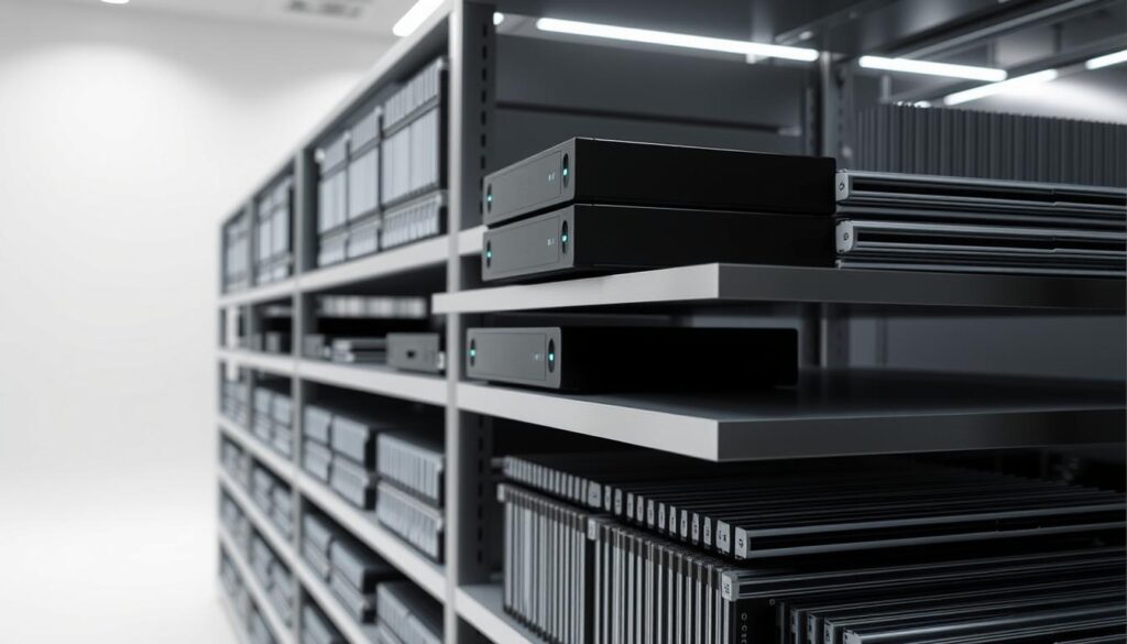 A neatly organized cache of digital files, meticulously arranged on sleek, modern shelves. The shelves are made of brushed aluminum, reflecting the soft, diffused lighting from above. In the foreground, a stack of external hard drives sit atop the shelves, their status LEDs blinking gently. The background fades into a minimalist, monochromatic studio setting, creating a sense of focus and efficiency. The overall atmosphere is one of technological prowess and digital organization, fitting the "IPTV Database Cleanup: Maintenance Guide 2025" theme.