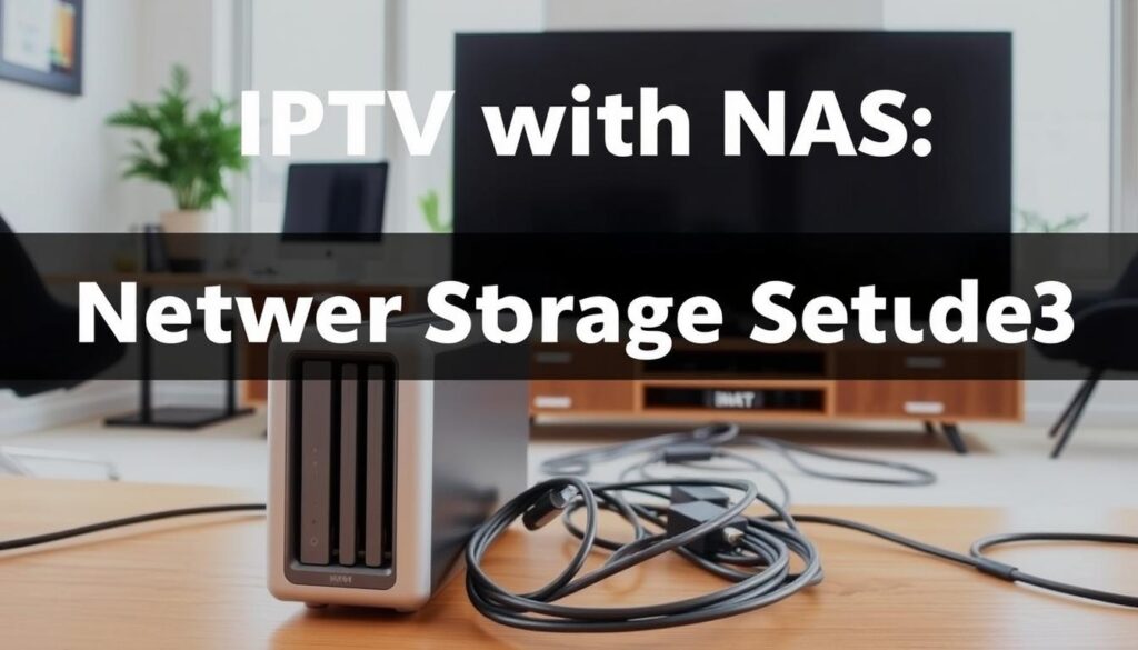 A sleek and modern setup guide for IPTV with NAS storage, showcasing a well-organized workspace. In the foreground, a NAS device and a smart TV stand side-by-side, their clean lines and minimalist design reflecting the contemporary aesthetic. The middle ground features various cables and connectors neatly routed and organized, hinting at the technical complexity behind the seamless integration. The background depicts a stylish home office setting, with a large window allowing natural light to filter in, creating a bright and airy atmosphere. The overall scene conveys a sense of efficiency, simplicity, and technological sophistication, perfectly aligning with the "IPTV with NAS: Network Storage Setup 2025" article and its "step-by-step setup guide for a smooth, modern experience".