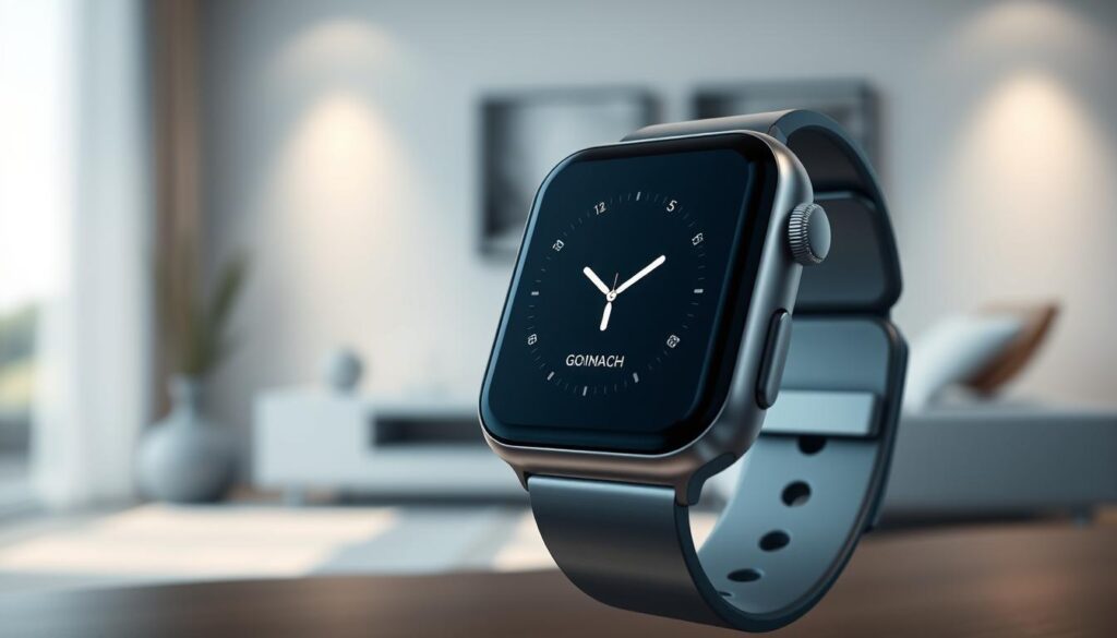 A sleek, minimalist smartwatch app interface launching on a high-resolution display. The foreground features an elegantly designed app icon and a smooth animation sequence, with a crisp, responsive touchscreen. The middle ground showcases the smartwatch's elegant, brushed metal casing, accentuated by a soft, indirect lighting that creates a subtle, sophisticated ambiance. The background subtly blends a refined, neutral-toned environment, hinting at the smartwatch's seamless integration into a modern, streamlined living space. The overall composition conveys a sense of efficiency, precision, and a user-centric design philosophy.