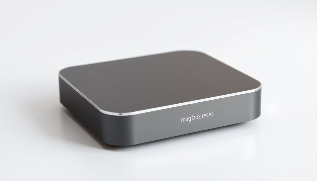 A sleek, modern IPTV device with a minimalist design sits atop a plain, well-lit surface. The device's front panel prominently displays the "mag box reset" button, surrounded by a subtle chrome trim that reflects the soft, diffused lighting. The background is a clean, neutral tone, allowing the device to be the focal point. The overall composition conveys a sense of simplicity and functionality, highlighting the reset button as the key element for the IPTV factory reset process.