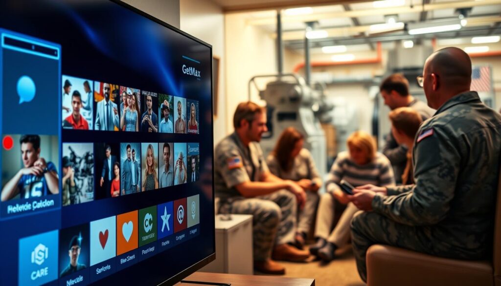 A sleek, modern IPTV interface showcasing the GetMaxTV platform. In the foreground, a crisp, high-resolution display highlights a diverse range of entertainment content - movies, TV shows, sports, and more. Elegant icons and a clean, intuitive layout suggest a user-friendly experience. In the middle ground, a group of military personnel and their families gather around, engaged with the content on their devices. The background depicts a well-equipped military base, with state-of-the-art facilities and a sense of community. The lighting is warm and inviting, creating a comfortable, relaxed atmosphere. The composition conveys the value and convenience of GetMaxTV's IPTV solution for the military community.