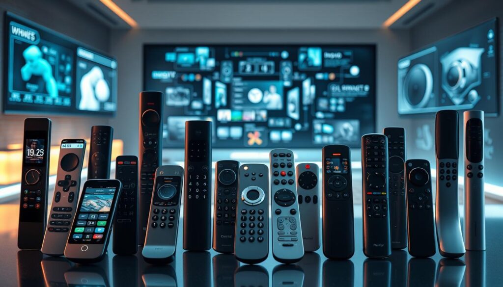 A sleek, modern arrangement of various innovative remote control devices, showcasing the latest advancements in IPTV technology. The foreground features an array of remote controls in a range of sizes, shapes, and materials, including touch-screen panels, motion-sensing wands, and minimalist designs. The middle ground offers a glimpse of futuristic user interfaces and intuitive control schemes, while the background depicts a futuristic, high-tech environment, with holographic displays and seamless integration with smart home systems. The lighting is soft and diffused, creating a sense of elegance and sophistication, highlighting the refined aesthetics and advanced functionality of these emerging IPTV remote control options.