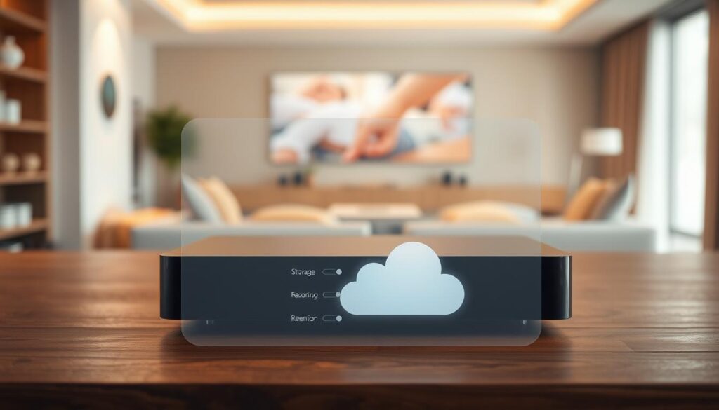 A sleek, modern cloud DVR device resting on a minimalist wooden table, backlit by a soft, warm glow. In the foreground, a translucent overlay showcases the device's storage capacity, recording quality, and retention settings, providing a visual representation of the storage management options. The middle ground features a stylized, abstract cloud motif, subtly hinting at the cloud-based nature of the system. The background is a softly blurred, yet visually captivating, interior scene, creating a sense of place and context. The overall composition conveys a sense of advanced technology, user-friendly design, and efficient storage management.