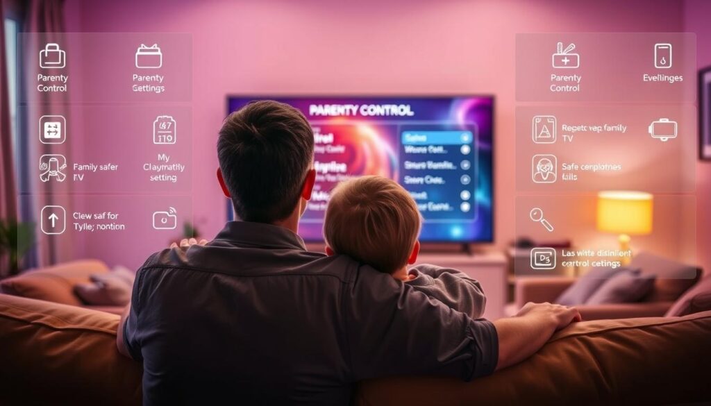 A vibrant, family-friendly scene depicting a living room with comfortable seating and a large TV screen at the center. In the foreground, a parent and child are engaged in a cozy movie-watching experience, with the parent's hand gently resting on the child's shoulder, conveying a sense of security and guidance. The lighting is soft and warm, creating a soothing atmosphere. In the background, various parental control icons and settings are displayed on the TV screen, suggesting the implementation of robust safety measures to ensure a safe and appropriate viewing experience. The scene is captured through a wide-angle lens, emphasizing the harmonious integration of technology and family bonding.
