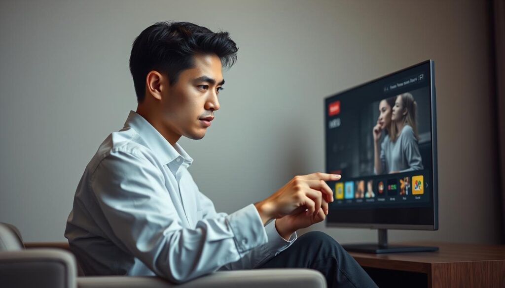 A well-designed and feature-rich IPTV player in a modern, minimalist interface. A young professional sits focused, interacting with the player's intuitive controls on a sleek, high-resolution display. Soft, directional lighting emphasizes the player's face and creates depth, while a blurred, neutral background keeps the attention on the central subject. The player's expression conveys a sense of confidence and competence when using the advanced, yet user-friendly features. Subtle, muted color tones and clean lines create an elegant, contemporary atmosphere suitable for a technology-focused article in 2025.