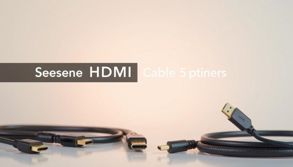 Sleek HDMI cable picks against a minimalist background. Foreground showcases a variety of high-quality HDMI cables in different lengths and colors, neatly arranged to highlight their features. Middle ground has subtle reflections and shadows to convey a sense of depth and materiality. Background is a clean, soft-focus gradient that complements the cables' modern aesthetic. Warm yet professional lighting illuminates the scene, capturing the cables' metallic finishes and smooth textures in vivid detail. An image that embodies the practical yet stylish nature of the recommended HDMI cable options.