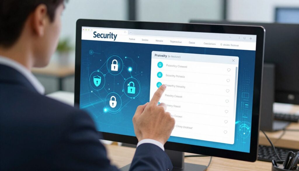 A close-up view of a computer screen displaying a vibrant digital interface showcasing website security features. In the foreground, a professional business person, dressed in a smart suit, is intently analyzing security icons and privacy checklists. The middle ground includes visual elements like padlocks, shield icons, and network diagrams with glowing accents that symbolize data protection. The background is softly blurred, featuring a modern office environment with subtle high-tech elements like monitors and abstract data patterns. The scene is illuminated with bright, focused lighting that emphasizes the importance of security, creating an atmosphere of professionalism and vigilance in cybersecurity.