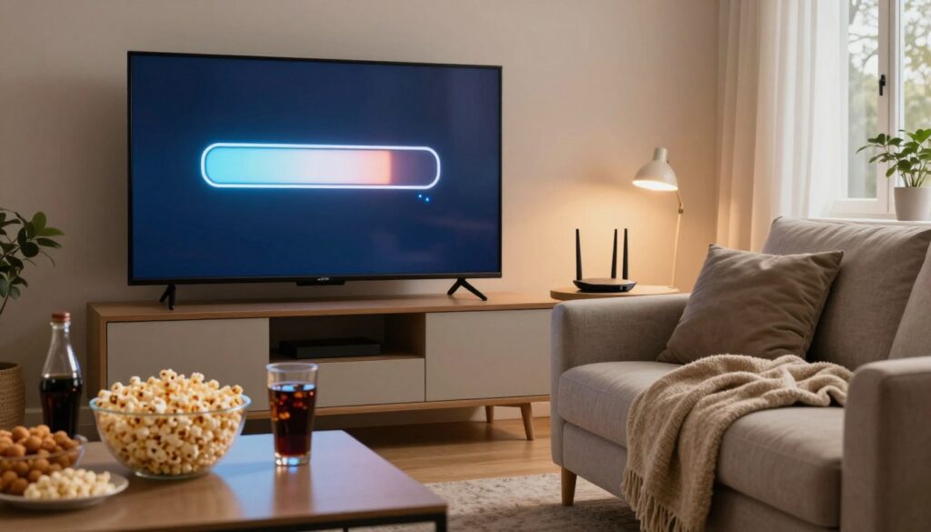 A cozy home setup for streaming live events, featuring a modern living room with a large flat-screen TV displaying a buffering icon. In the foreground, a sleek coffee table with snacks and drinks, such as popcorn and soda. In the middle, a comfortable couch with a blanket draped over it, situated in front of the TV. A visible router with blinking lights on a side table, emphasizing the importance of internet speed. The background includes soft ambient lighting, creating a warm and inviting atmosphere. The scene captures a sense of anticipation and excitement for upcoming big fights, with a focus on the technology needed to avoid buffering issues. The image is well-lit, with natural light coming through a nearby window, enhancing the inviting mood.