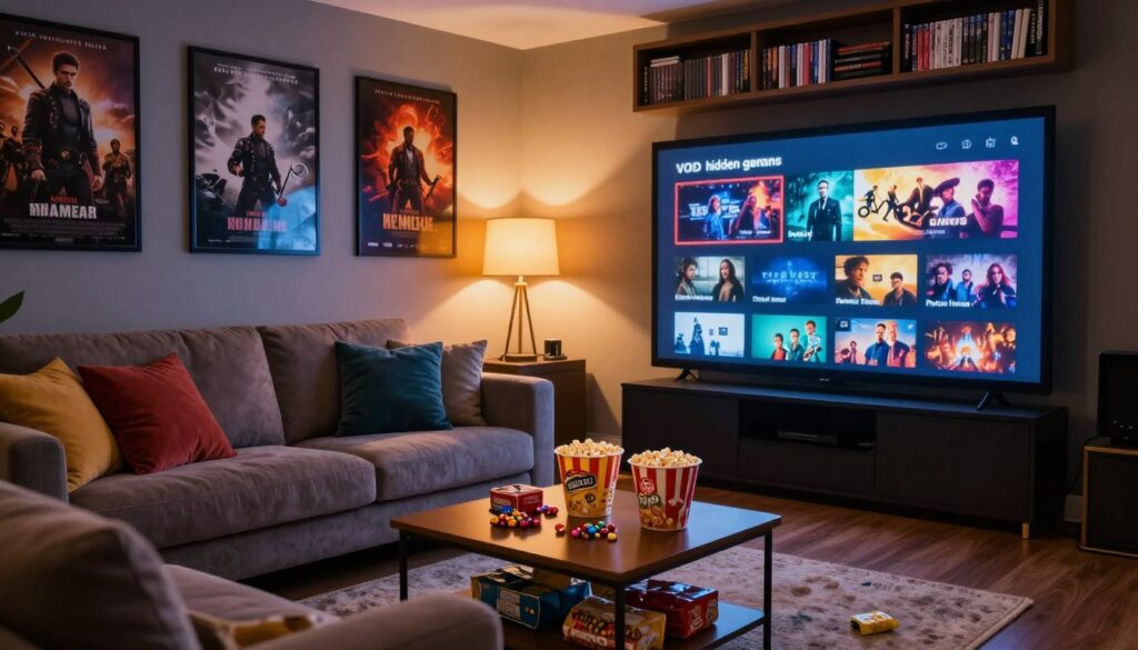 A cozy home theater setup featuring a plush sofa with colorful throw pillows, an inviting coffee table filled with snacks like popcorn and candy. In the foreground, a glowing screen displays an array of movie titles and genres, emphasizing "hidden gems" in VOD content, with captivating thumbnails showcasing lesser-known films. The middle ground shows a warm lamp casting a soft light over the scene, enhancing the intimate movie night atmosphere. The background is adorned with movie posters and shelves filled with DVDs and books, creating a rich visual context. The lighting is warm and inviting, suggesting a relaxed evening at home, captured from a slightly angled perspective to evoke a sense of depth and welcoming comfort. A cozy home theater setup featuring a plush sofa with colorful throw pillows, an inviting coffee table filled with snacks like popcorn and candy. In the foreground, a glowing screen displays an array of movie titles and genres, emphasizing "hidden gems" in VOD content, with captivating thumbnails showcasing lesser-known films. The middle ground shows a warm lamp casting a soft light over the scene, enhancing the intimate movie night atmosphere. The background is adorned with movie posters and shelves filled with DVDs and books, creating a rich visual context. The lighting is warm and inviting, suggesting a relaxed evening at home, captured from a slightly angled perspective to evoke a sense of depth and welcoming comfort.