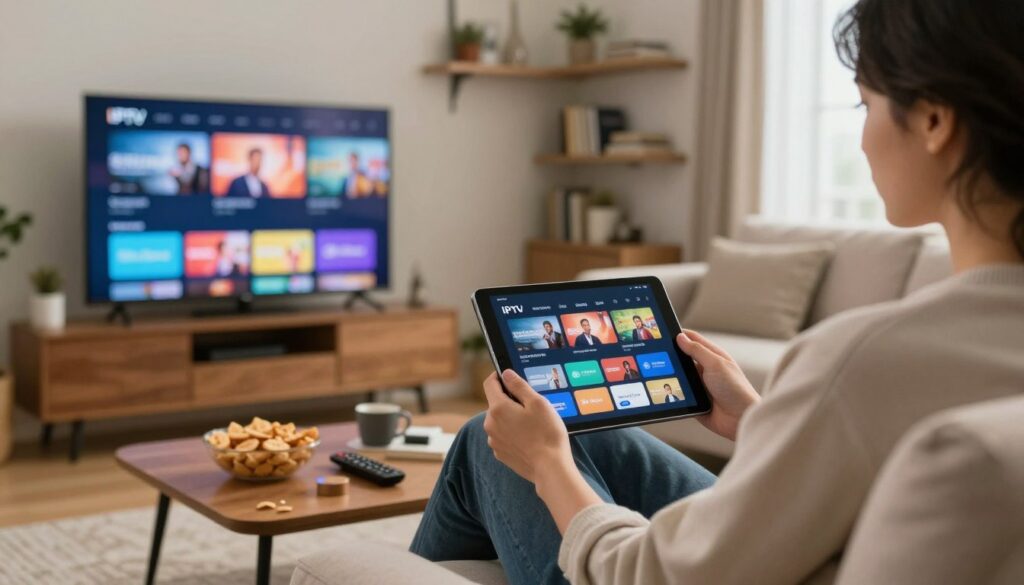 A cozy living room scene capturing a person, dressed in smart casual attire, sitting relaxed on a comfortable sofa while engaging with a tablet displaying a streaming service interface. In the foreground, a coffee table is adorned with snacks and a remote control. The middle ground features a flat-screen TV, softly glowing with colorful streaming content related to IPTV, emphasizing the concept of variety. The background shows a well-decorated wall with shelves filled with books and decorative items, creating a warm, inviting atmosphere. Soft, natural light filters through a window, adding to the relaxed vibe. The overall mood is casual yet informative, highlighting the benefits of choosing a monthly IPTV plan for its flexibility and diverse options. A cozy living room scene capturing a person, dressed in smart casual attire, sitting relaxed on a comfortable sofa while engaging with a tablet displaying a streaming service interface. In the foreground, a coffee table is adorned with snacks and a remote control. The middle ground features a flat-screen TV, softly glowing with colorful streaming content related to IPTV, emphasizing the concept of variety. The background shows a well-decorated wall with shelves filled with books and decorative items, creating a warm, inviting atmosphere. Soft, natural light filters through a window, adding to the relaxed vibe. The overall mood is casual yet informative, highlighting the benefits of choosing a monthly IPTV plan for its flexibility and diverse options.