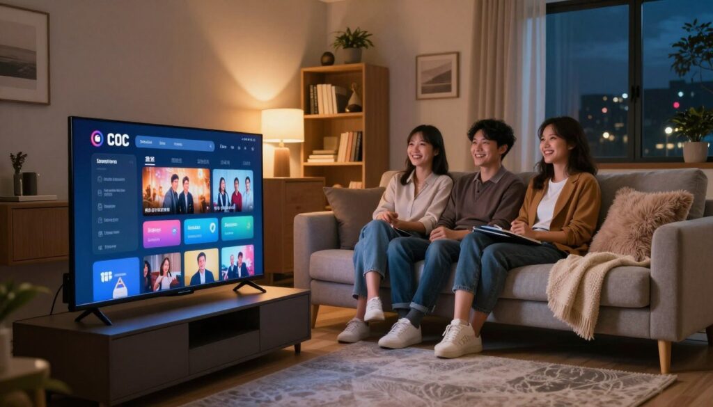 A cozy living room scene during peak streaming hours, showcasing a modern setup. In the foreground, a sleek smart TV displays a vibrant, high-resolution streaming interface, surrounded by a comfortable sofa adorned with fluffy pillows and blankets. The middle layer features a family of four, dressed in professional casual attire, blissfully engaged in watching a movie, with expressions of enjoyment and laughter. In the background, warm ambient lighting illuminates the room, with a bookcase filled with neatly arranged books and decorative items. Soft shadows create a relaxed atmosphere, while a window reveals a night sky outside, hinting at a busy urban environment. The overall mood conveys a sense of reliability and comfort, emphasizing the quality of streaming services during high-demand hours.