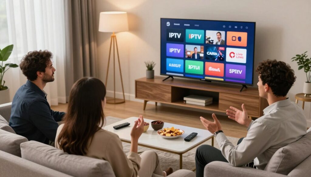 A cozy living room scene, featuring a modern flat-screen TV displaying a vibrant streaming interface with icons of IPTV channels, traditional cable options, and live streaming services. In the foreground, a diverse group of three individuals seated comfortably on a stylish couch, dressed in professional attire, engaged in a lively discussion about their viewing experiences. The middle ground includes a neatly arranged coffee table adorned with snacks and remote controls, while the background showcases a tastefully decorated room with soft lighting that creates an inviting atmosphere. The angle is slightly elevated, capturing both the group's reactions and the content on the TV screen, emphasizing a warm, collaborative mood of technology and entertainment exploration. A cozy living room scene, featuring a modern flat-screen TV displaying a vibrant streaming interface with icons of IPTV channels, traditional cable options, and live streaming services. In the foreground, a diverse group of three individuals seated comfortably on a stylish couch, dressed in professional attire, engaged in a lively discussion about their viewing experiences. The middle ground includes a neatly arranged coffee table adorned with snacks and remote controls, while the background showcases a tastefully decorated room with soft lighting that creates an inviting atmosphere. The angle is slightly elevated, capturing both the group's reactions and the content on the TV screen, emphasizing a warm, collaborative mood of technology and entertainment exploration.