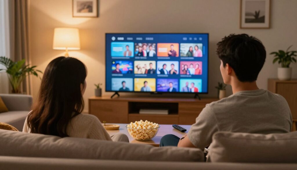 A cozy living room scene focusing on a young adult male and female sitting together on a comfortable sofa, intently watching a large flat-screen TV displaying a colorful streaming interface. The foreground features a bowl of popcorn and a remote control on a low coffee table. In the middle, the TV screen shows vibrant thumbnails of various popular shows. The background depicts warm lighting from a lamp, creating an inviting atmosphere, with framed pictures on the walls and a houseplant in the corner. The scene is captured with a slightly angled perspective, emphasizing the interaction between the viewers and the screen, evoking a sense of relaxation and enjoyment in the mood.