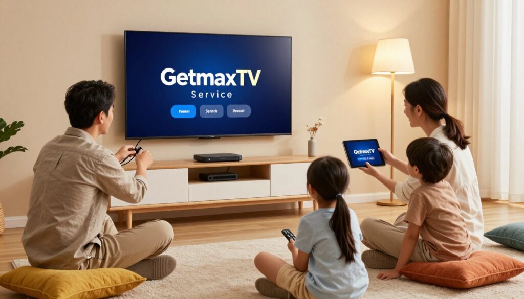 A cozy living room scene showcasing a family setting up their television for the GetMaxTV service. In the foreground, a family of four, dressed in casual clothing, is gathered around a modern flat-screen TV mounted on the wall. The father is connecting cables at the back of the TV while the mother checks a tablet for setup instructions. Two children sit cross-legged on the floor, eagerly watching and holding a remote control. In the middle, a sleek console with a streaming device is placed on a stylish entertainment unit, and colorful cushions are scattered around. The background features a warm, inviting atmosphere with soft lighting from a floor lamp, creating a comfortable, homey feel. The scene is captured at eye level, emphasizing a sense of togetherness and excitement for the installation process.