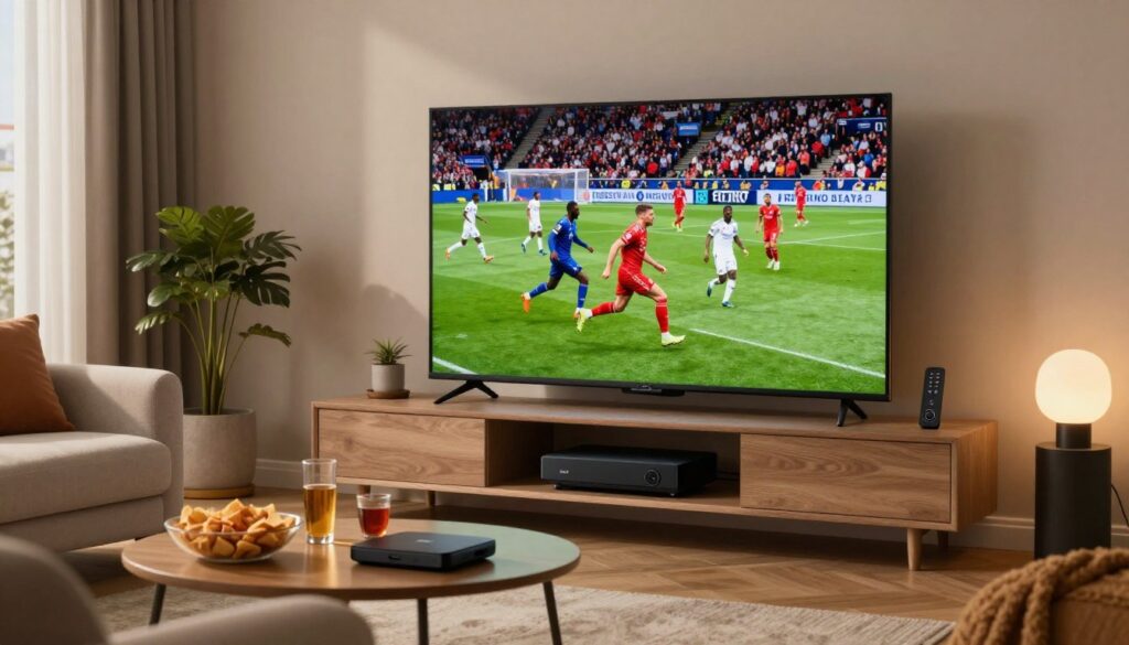 A cozy living room scene showcasing a modern home entertainment setup. In the foreground, a sleek flat-screen TV displays a vibrant, high-definition image of a Premier League match, capturing the energy of a football game with players in vivid team uniforms. Surrounding the TV are comfortable furnishings, including a stylish couch and a coffee table with snacks and drinks, suggesting a gathering of friends or family. The middle layer features a streaming device and remote control, symbolizing the IPTV experience, while the background shows soft ambient lighting illuminating the room, creating an inviting atmosphere. The overall mood is lively and engaging, perfect for sports fans eagerly watching every match live in HD.