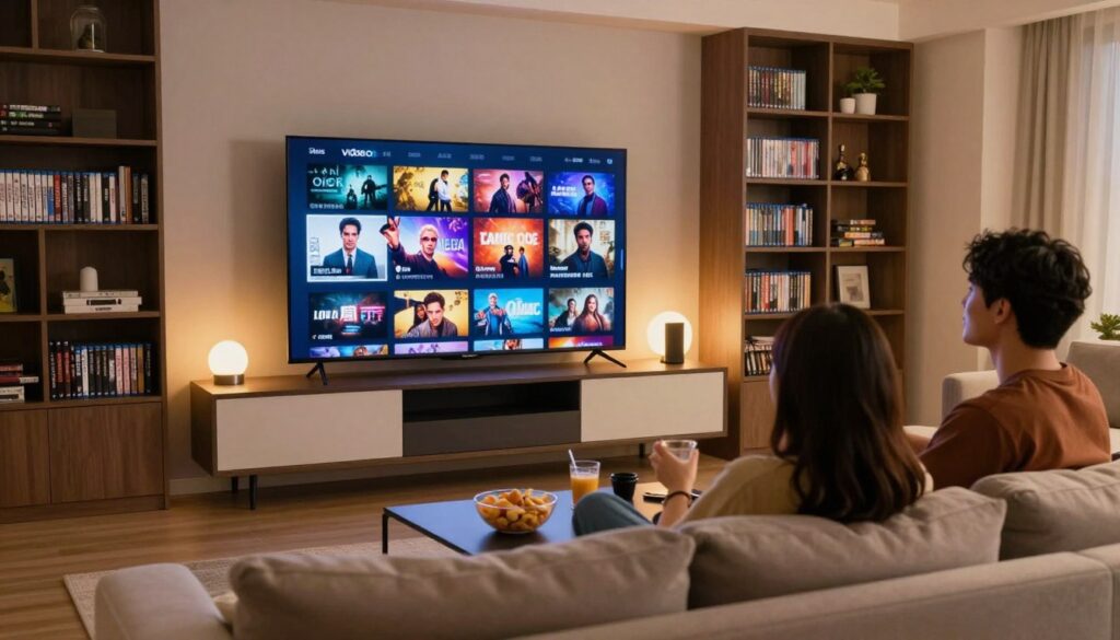 A cozy living room setting, featuring a sleek modern entertainment center with a large flat-screen TV displaying vibrant scenes from various movies and TV shows, symbolizing a Video On Demand library. In the foreground, a couple of friends, dressed in casual comfortable clothing, sit on a plush sofa with snacks and drinks, fully immersed in their streaming experience. Confident expressions reflect their enjoyment. The middle ground showcases a soft glow from the TV screen illuminating the room, creating an inviting atmosphere. The background includes a bookshelf filled with DVDs and Blu-rays, demonstrating the evolution from physical collections to digital streaming. Warm, ambient lighting and a wide-angle view enhance the overall coziness and accessibility of the streaming experience, conveying a sense of relaxation and entertainment.