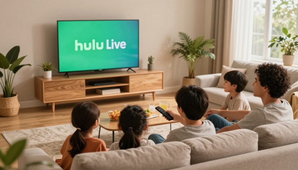 A cozy living room setting, featuring a stylish TV unit displaying the Hulu Live logo on a large screen. In the foreground, a diverse family of four is gathered on a comfortable sofa, engaging with a remote control and smiling as they watch their favorite show. The middle ground highlights a coffee table with snacks and drinks, enhancing the inviting atmosphere. In the background, soft lighting illuminates the space, with warm colors creating a relaxing and enjoyable mood. A few plants are placed near the window, allowing natural light to filter in, adding to the serenity of the environment. The scene captures the essence of modern TV viewing experiences, showcasing on-demand entertainment and live television together seamlessly.