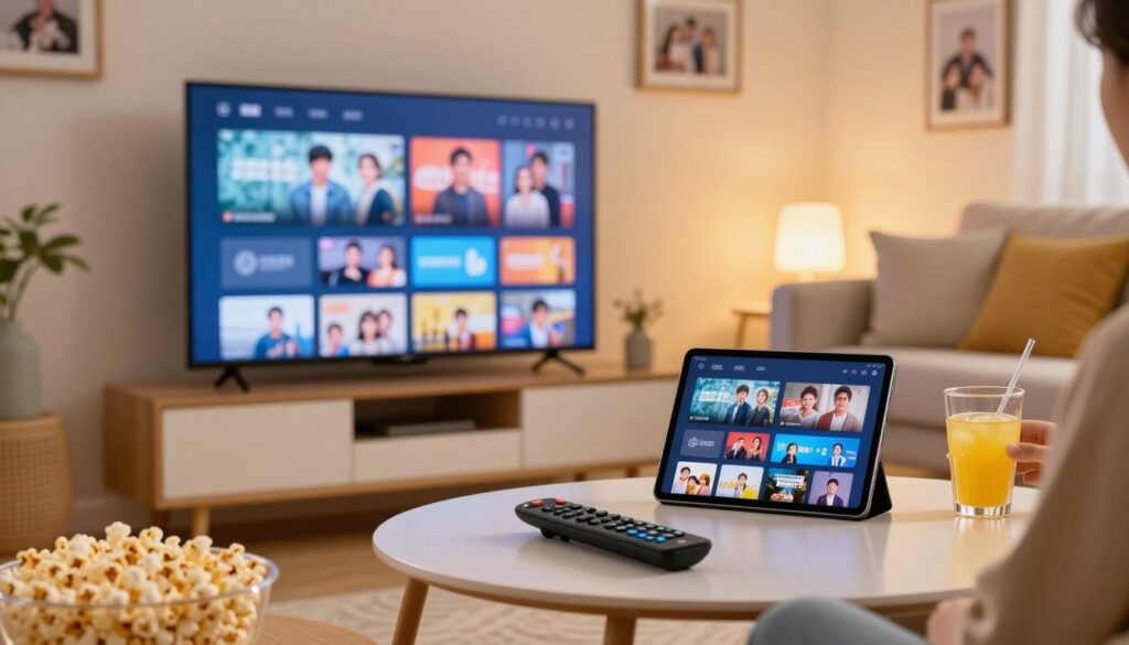 A cozy living room setting, focusing on various modern viewing devices such as a sleek flat-screen TV displaying a streaming interface, a tablet streaming content, and a smartphone. In the foreground, a smart TV remote lies on a stylish coffee table, surrounded by popcorn and a drink, suggesting a relaxed viewing experience. In the middle ground, a comfortable couch with plush cushions invites viewers to sit and enjoy, with some family photos in modern frames adorning the walls. The background features warm ambient lighting, creating an inviting atmosphere. The image is captured with a soft-focus lens, emphasizing the devices while slightly blurring the edges, conveying a sense of modern home entertainment. Bright colors enhance the inviting mood and communicate the joy of watching content across multiple devices. A cozy living room setting, focusing on various modern viewing devices such as a sleek flat-screen TV displaying a streaming interface, a tablet streaming content, and a smartphone. In the foreground, a smart TV remote lies on a stylish coffee table, surrounded by popcorn and a drink, suggesting a relaxed viewing experience. In the middle ground, a comfortable couch with plush cushions invites viewers to sit and enjoy, with some family photos in modern frames adorning the walls. The background features warm ambient lighting, creating an inviting atmosphere. The image is captured with a soft-focus lens, emphasizing the devices while slightly blurring the edges, conveying a sense of modern home entertainment. Bright colors enhance the inviting mood and communicate the joy of watching content across multiple devices.