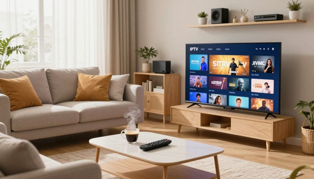 A cozy, modern living room setup designed for IPTV viewing. In the foreground, a sleek smart TV displays an interface showcasing various IPTV channels. A stylish coffee table holds a remote control and a steaming cup of coffee. In the middle ground, a comfortable couch is adorned with soft throw pillows, inviting relaxation. A window with sheer curtains allows soft natural light to filter in, creating a warm atmosphere. In the background, shelves are lined with tech gadgets and decor, enhancing the homey feel. The color palette is bright and inviting, predominantly featuring warm tones. The scene evokes a sense of leisure and anticipation, perfect for enjoying IPTV entertainment at home, captured from a slightly elevated angle to emphasize the cozy layout. A cozy, modern living room setup designed for IPTV viewing. In the foreground, a sleek smart TV displays an interface showcasing various IPTV channels. A stylish coffee table holds a remote control and a steaming cup of coffee. In the middle ground, a comfortable couch is adorned with soft throw pillows, inviting relaxation. A window with sheer curtains allows soft natural light to filter in, creating a warm atmosphere. In the background, shelves are lined with tech gadgets and decor, enhancing the homey feel. The color palette is bright and inviting, predominantly featuring warm tones. The scene evokes a sense of leisure and anticipation, perfect for enjoying IPTV entertainment at home, captured from a slightly elevated angle to emphasize the cozy layout.