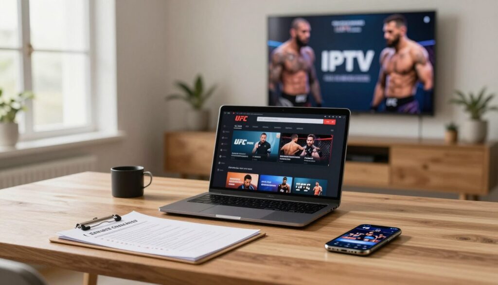 A detailed service quality checklist for IPTV services, centered on a modern, minimalist wooden desk. In the foreground, neatly arranged items include a clipboard with checkboxes, a laptop displaying streaming options for UFC, and a smartphone showing a live fight night. The middle section features a softly lit environment with an open window allowing natural light to create a warm and inviting atmosphere. In the background, a wall-mounted television displays a blurred image of UFC fighters, adding context to the IPTV theme. Use soft focus to accentuate the checklist and tech devices, with an overall professional and inviting mood suitable for a tech-related article.
