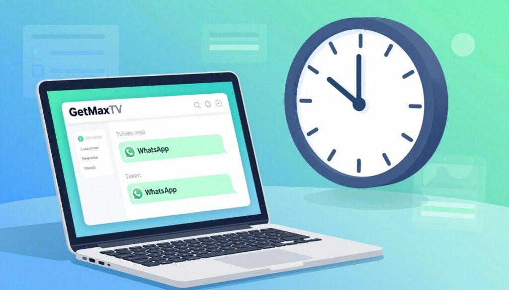 A digital illustration depicting the concept of customer support response times for GetMaxTV. In the foreground, a sleek, modern laptop displays an open email interface and a WhatsApp chat, both highlighting prompt responses. In the middle ground, a clock with hands just past the hour indicates continuous availability. The background features soft blues and greens, symbolizing trust and reliability. Subtle graphs or progress bars can be integrated to represent response time metrics. Bright, ambient lighting conveys a sense of efficiency and professionalism. The scene is captured from a slightly elevated angle to give depth, creating an optimistic and reassuring atmosphere about the support services offered. No text or watermarks included.