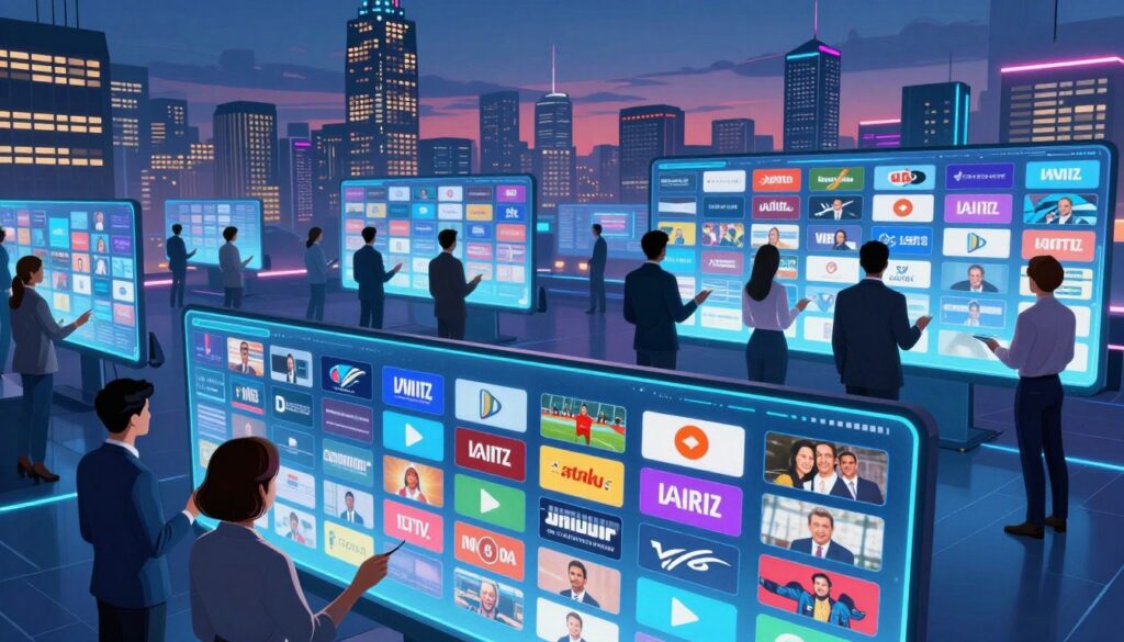 A dynamic and vibrant illustration showcasing a virtual landscape filled with 19,000 live television channels. In the foreground, depict a futuristic computer screen glowing with colorful icons representing various TV channels, with engaging graphics that display a mix of genres such as news, sports, and entertainment. In the middle ground, a diverse group of people, dressed in professional business attire, interact with large holographic displays, browsing through channel selections. The background features a sleek city skyline, illuminated by neon lights, under a twilight sky. The atmosphere is energetic and modern, with bright lighting that highlights the excitement of streaming entertainment. Capture the essence of a high-tech, subscription-based viewing experience without any text or watermarks.