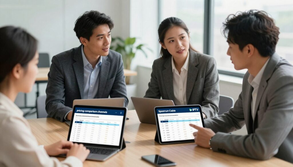 A dynamic comparison scene illustrating "pricing comparison channels" between Spectrum Cable and IPTV services. In the foreground, an elegant conference table displays two tablets showing contrasting pricing charts; one screen for Spectrum Cable and the other for IPTV. In the middle ground, two diverse professionals, one in a tailored suit and the other in smart casual attire, are engaged in discussion, analyzing the data on the tablets with focused expressions. The background features a modern office space, with large windows letting in natural light, creating a bright and inviting atmosphere. Soft shadows fall across the room, emphasizing the productivity of the environment. The angle captures the professionals from a slightly elevated perspective, enhancing the feel of analysis and comparison.