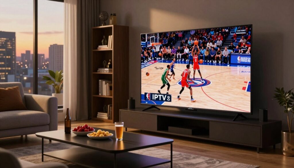 A dynamic scene capturing the excitement of NBA basketball broadcasting through IPTV. In the foreground, a modern living room setting features a sleek TV displaying a vibrant, fast-paced basketball game with players dribbling and shooting. The middle ground showcases a stylish coffee table with snacks and drinks, suggesting a cozy viewing party. The background includes a bookshelf filled with sports memorabilia and a large window revealing a cityscape at dusk, creating a warm atmosphere with golden lighting. The composition should evoke a sense of anticipation and electric energy, ideal for sports fans enjoying an immersive game-watching experience. The image should be framed from a slightly lower angle, enhancing the action on the TV screen while keeping the setting inviting and engaging.