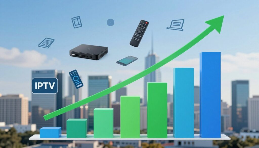 A graph depicting market growth for IPTV, prominently displayed in the foreground, with rising bars layered in vibrant colors of green and blue to symbolize success and expansion. In the middle ground, visually engaging icons representing various IPTV services, such as streaming devices and remote controls, are interspersed, showcasing technology. The background features a modern urban skyline, illustrating connectivity and progress, under a clear blue sky suggesting optimism. Soft lighting highlights the graph and icons, with a slight lens blur on the skyline to draw focus to the growth image. The overall mood is optimistic and professional, conveying a sense of opportunity and future-oriented choices in entertainment.