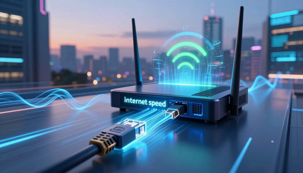 A high-tech digital concept representing "internet speed" prominently displayed in the foreground with a glowing network cable extending towards the viewer, visualizing fast data flow as bright lines and waves. In the middle ground, a modern, stylized router emanating vibrant blue and green light signals, symbolizing high-speed connectivity. In the background, a sleek urban skyline at dusk, with neon lights and digital screens, suggesting a bustling, connected world. The scene is illuminated with soft, futuristic lighting, creating a dynamic atmosphere that conveys speed and efficiency. The angle is slightly tilted to enhance the sense of motion. No human figures are present, ensuring a focus solely on technology and connectivity. The overall mood is innovative and energetic.