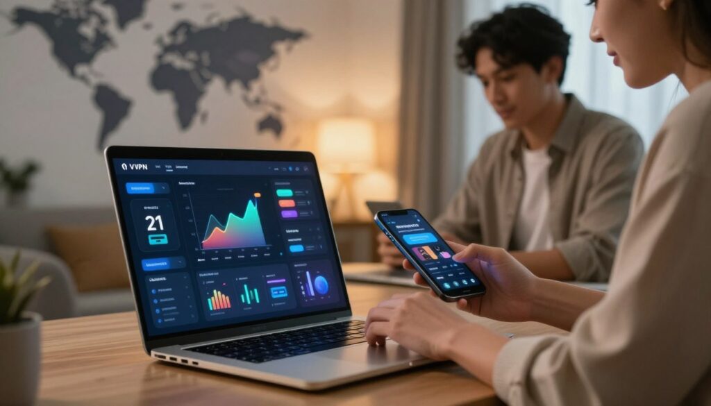 A modern digital workspace showcasing a high-tech VPN interface on a sleek laptop screen, positioned prominently in the foreground. The screen displays vibrant charts and graphs illustrating streaming speeds and security features. In the middle ground, a stylish, modestly dressed professional, wearing smart casual attire, intently studies the screen while holding a smartphone with streaming apps. Soft ambient lighting casts a warm glow, enhancing the focus on the laptop. The background features a contemporary home office with a world map on the wall, symbolizing global access to geo-restricted content. The atmosphere is one of innovation and connectivity, emphasizing privacy and stability in streaming.