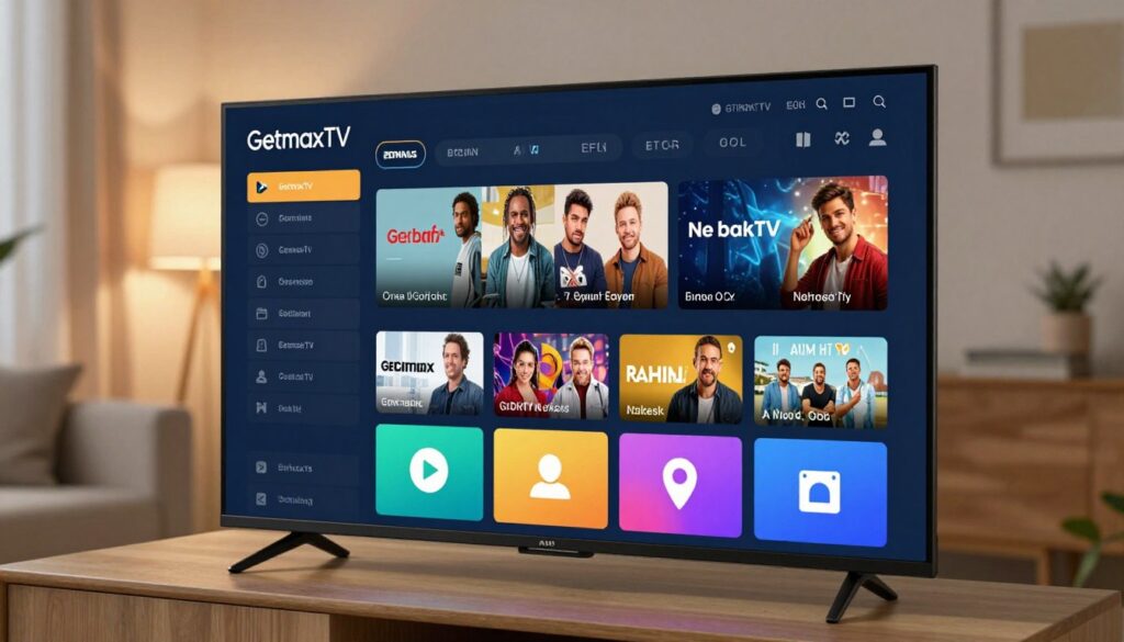 A modern electronic program guide interface for GetMaxTV displayed prominently in the foreground, featuring vibrant visuals and user-friendly icons. In the middle ground, a sleek digital device, such as a tablet or smart TV, displays the EPG interface with various channels and show listings, showcasing a clean and intuitive layout. The background features a soft, ambient glow, reminiscent of a cozy living room setting, with a subtle hint of light reflecting off walls to enhance warmth and comfort. The image is well-lit, utilizing soft lighting to create an inviting atmosphere, while maintaining a professional tone. The overall mood should evoke a sense of ease and accessibility, illustrating the user-friendly experience of navigating through the GetMaxTV program guide.