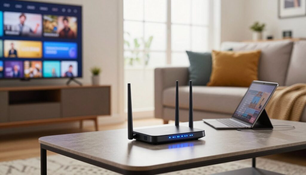 A modern home interior showcasing a cozy living room setup for streaming. In the foreground, a sleek, contemporary coffee table holds a high-tech router with blinking lights, symbolizing a strong internet connection. A large flat-screen TV displays streaming apps, partially visible. In the middle ground, a comfortable sofa with colorful cushions invites relaxation, while a laptop and tablet on the side suggest connectivity. The background features a bright window allowing natural light to illuminate the space, emphasizing a welcoming atmosphere. The composition captures a balance of technology and comfort, framed from a slightly low angle to create depth and engage the viewer. Overall, the mood is casual yet modern, highlighting the importance of internet connectivity for leisure activities.