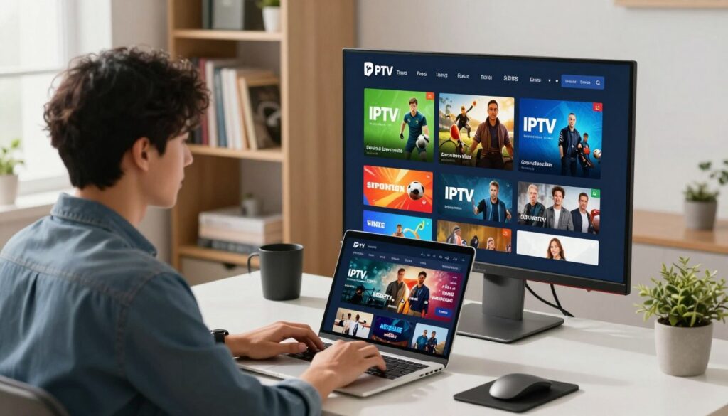 A modern home office setting with a sleek desk and a large monitor showcasing an IPTV service interface. In the foreground, a focused young business professional in smart casual attire is using a laptop, looking at various IPTV service options displayed on the screen. The middle section includes vibrant graphics of different streaming content categories like sports, movies, and news, arranged neatly around the monitor. The background features a well-organized bookshelf with technology and media books. Soft, natural light streams in through a nearby window, creating a warm and inviting atmosphere. The overall mood is energetic and informative, emphasizing clarity in choosing the right IPTV service for diverse viewing preferences and quality streaming.
