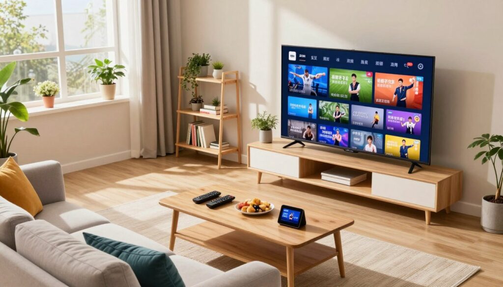 A modern living room equipped with a large flat-screen TV displaying various live channels, including sports, news, and local programming. In the foreground, a cozy sofa with colorful cushions invites viewers to relax. On the coffee table, remote controls, snacks, and a smart device are neatly arranged. The middle ground features a decorative shelf with plants and books, providing a warm and inviting atmosphere. The background showcases a stylish window with natural light streaming in, casting soft shadows across the room. The overall mood is vibrant and dynamic, highlighting the diverse channels and content available. Use bright, inviting colors and soft lighting to enhance the scene's welcoming ambiance. A slight camera angle from above gives a comprehensive view of the entertainment setup without any captions or overlays.